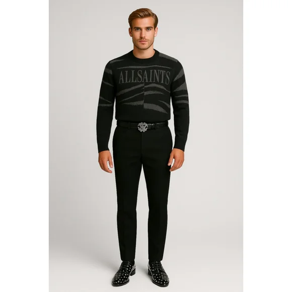 AllSaints Oversized Mohair Sweater in Gray + Black Abstract Stripe